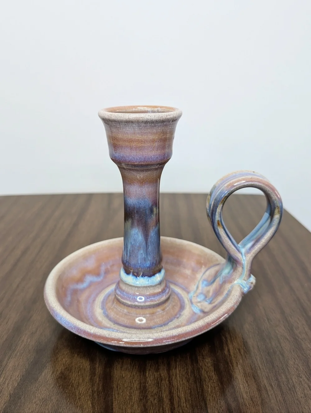 Light Purple, Blue, Tan Handmade Studio Pottery Ceramic Chamber Candle Holder